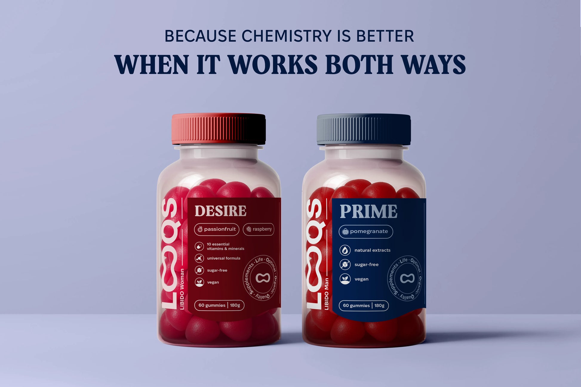 Two Looqs Union bottles (Desire & Prime) on purple background for libido support
