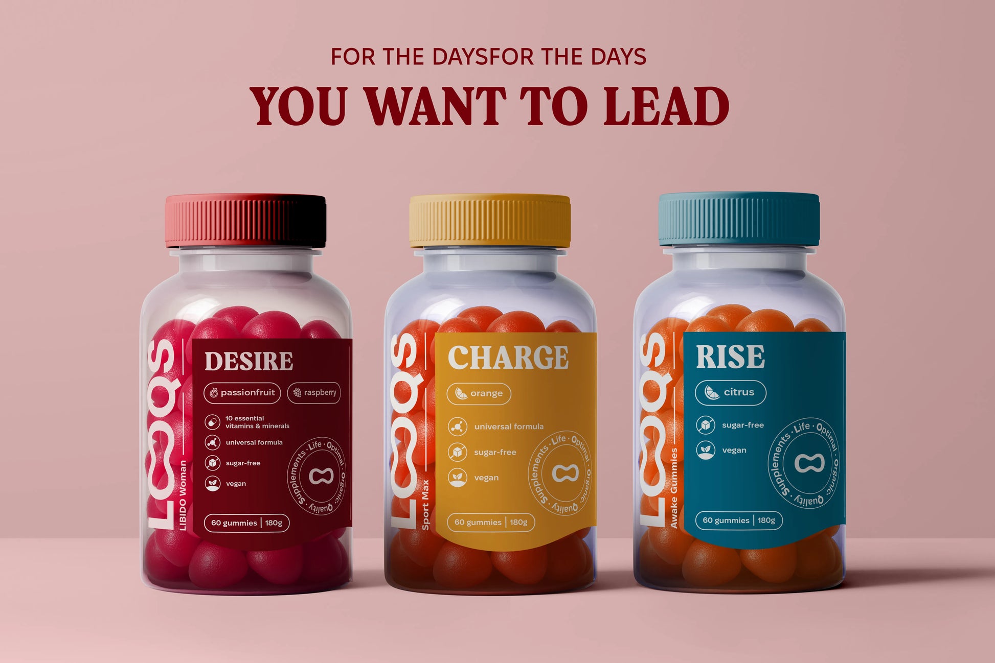 Three LOOQS Desire, Charge & Rise gummies on pink background for energy & focus