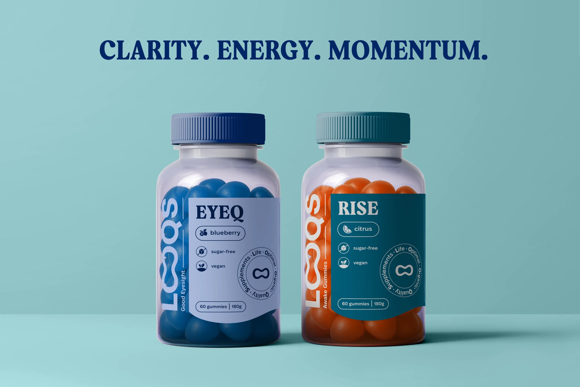 Two Looqs Work Edition bottles (EyeQ & Rise) on blue background for focus & productivity