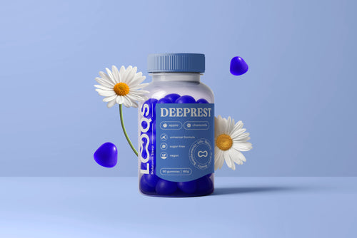 DeepRest melatonin sleep gummies next to lavender and chamomile flowers on a blue background